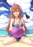  1girl :d ahoge ball beach beachball bikini blue_bikini blue_sky breasts cloud collarbone commentary_request curled_horns day demon_girl demon_horns demon_tail fang hair_between_eyes highres holding holding_ball horns kanaria_hisagi long_hair looking_at_viewer machikado_mazoku medium_breasts ocean orange_eyes outdoors red_hair sand sitting skin_fang sky smile solo summer swimsuit tail thighs yoshida_yuuko_(machikado_mazoku) 