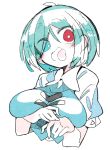  1girl aqua_vest blue_eyes blue_hair blush breasts heterochromia large_breasts massakasama open_mouth red_eyes shirt short_hair short_sleeves simple_background solo tatara_kogasa tongue tongue_out touhou upper_body white_background white_shirt 