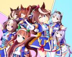  6+girls :d animal_ears arm_on_head bangs blue_eyes blue_jacket breasts brown_eyes brown_hair brown_headwear closed_mouth commentary_request cropped_jacket daiwa_scarlet_(umamusume) ear_covers gloves gold_ship_(umamusume) grey_hair grin hair_between_eyes hair_intakes hair_over_one_eye hat highres horse_ears horse_girl horse_tail jacket kuena long_hair mejiro_mcqueen_(umamusume) mini_hat multicolored_hair multiple_girls open_clothes open_jacket outstretched_arm pleated_skirt pointing pointing_at_viewer ponytail puffy_short_sleeves puffy_sleeves purple_eyes purple_hair shirt short_sleeves silence_suzuka_(umamusume) skirt small_breasts smile special_week_(umamusume) streaked_hair tail thighhighs tiara tokai_teio_(umamusume) twintails umamusume very_long_hair vodka_(umamusume) white_gloves white_hair white_shirt white_skirt white_thighhighs 