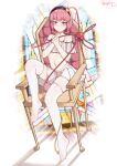  1girl absurdres alternate_costume chair full_body hairband heart highres komeiji_satori littiecy looking_at_viewer navel pink_eyes pink_hair revealing_clothes short_hair sitting skirt smile solo stained_glass thighhighs third_eye touhou white_thighhighs 