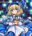  1girl adapted_costume alice_margatroid alice_margatroid_(pc-98) apron bangs black_ribbon blonde_hair blue_bow blue_eyes blue_flower blue_hairband blue_ribbon blue_rose blue_skirt blush book bow closed_mouth cowboy_shot embellished_costume fireflies floating_clothes flower frilled_shirt frills hair_ribbon hairband head_tilt heart holding holding_book lolita_hairband long_sleeves looking_at_viewer marker_(medium) medium_hair neck_ribbon ribbon rose rui_(sugar3) sample_watermark shirt skirt smile solo touhou touhou_(pc-98) traditional_media white_apron white_shirt 