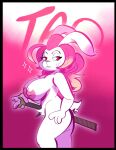  2022 anthro big_breasts black_border bodily_fluids border breasts casual_nudity character_name female fur gabbah gunfire_reborn hair hi_res lagomorph leporid mammal melee_weapon nipples nude nude_anthro nude_female pink_background pink_hair portrait rabbit side_view simple_background solo standing sweat sword tao_(gunfire_reborn) three-quarter_portrait weapon white_body white_fur 