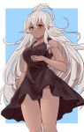  1girl ahoge asakura_aoshi bangs black_dress breasts closed_mouth collarbone dark_skin dress granblue_fantasy grey_hair hair_between_eyes large_breasts long_hair red_eyes simple_background smile solo spiked_hair standing zooey_(granblue_fantasy) 