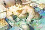  abs anthro beverage biceps black_claws black_nipples brown_hair chest_tuft claws doooo2424 e_sk floor hair hi_res looking_at_viewer male mammal nipple_piercing nipples pecs piercing sitting solo swimming_pool tile tile_floor tuft ursid water white_body white_skin 