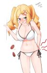  1girl absurdres anger_vein bare_arms bare_legs bare_shoulders bikini blonde_hair blue_eyes blush breasts cleavage collarbone dated highres honolulu_(kancolle) kantai_collection large_breasts long_hair maru_(marg0613) navel one-hour_drawing_challenge open_mouth simple_background solo swimsuit twintails twitter_username white_background white_bikini 
