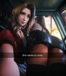  2girls 3d aerith_gainsborough ass bangs black_shorts blonde_hair braid brown_hair car_interior crop_top drive-thru english_text final_fantasy final_fantasy_vii final_fantasy_vii_remake green_eyes he_wants_to_order_(meme) highres long_hair lying_on_person meme multiple_girls parted_bangs ria_(baka-neearts) selfie shorts skirt suspender_skirt suspenders tank_top tifa_lockhart white_tank_top 