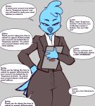  2022 anthro avian bird blue_body blue_feathers clothed clothing dialogue english_text feathers female front_view fully_clothed hi_res looking_down lurkin meme portrait solo suit text three-quarter_portrait tweetfur twitter unseen_character 