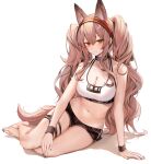  1girl angelina_(arknights) animal_ears arknights barefoot black_nails black_shorts blush breasts brown_eyes brown_hair cleavage closed_mouth collar crop_top fox_ears fox_tail full_body hairband highres large_breasts long_hair midriff navel red_hairband ru_zhai short_shorts shorts sitting skindentation smile solo stomach tail thigh_strap thighs toenails very_long_hair wavy_hair wristband yokozuwari 