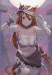  1girl animal_ears bandages blue_eyes breasts brown_hair cleavage ear_ribbon hands_up highres horse_ears horse_girl horse_tail large_breasts long_hair looking_at_viewer navel nhb_haribote purple_ribbon ribbon solo super_creek_(chiffon_ribbon_mummy)_(umamusume) super_creek_(umamusume) tail umamusume 