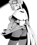 10mo 1girl ass bangs blush breasts capelet closed_mouth commentary_request detached_sleeves dress fingerless_gloves from_behind fur_hat gloves greyscale guilty_gear guilty_gear_strive hat highres holding long_hair long_sleeves looking_at_viewer looking_back medium_breasts millia_rage monochrome panties panties_under_pantyhose pantyhose pulled_by_self short_dress simple_background skirt_hold solo underwear ushanka 