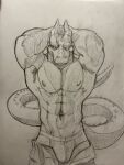  abs anthro belly biceps black_and_white bottomwear bulge clothed clothing decker_the_wolf dragon drawing graphite_(artwork) hands_behind_head hi_res horn long_tail looking_at_viewer male male_focus monochrome muscular muscular_anthro muscular_male navel nipples open_bottomwear open_clothing open_pants pants pencil_(artwork) scalie simple_background snout solo solo_focus spiked_tail spikes spikes_(anatomy) traditional_media_(artwork) triceps underwear v-line 