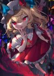  1girl ascot bangs blonde_hair collar commentary_request eyelashes fang flandre_scarlet frilled_collar frills gunjou_row hair_between_eyes hat highres laevatein_(touhou) looking_at_viewer mob_cap one_side_up puffy_short_sleeves puffy_sleeves red_eyes red_nails red_skirt red_vest short_sleeves skirt slit_pupils solo tongue tongue_out touhou vest yellow_ascot 