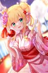  1girl :d baram blonde_hair blurry blurry_background breasts candy_apple commentary_request cotton_candy depth_of_field dutch_angle floral_print food green_eyes hair_bun hands_up holding holding_food japanese_clothes kimono long_hair long_sleeves looking_at_viewer market_stall mononobe_alice multicolored_hair night nijisanji obi outdoors pink_kimono print_kimono purple_hair ringlets sash sidelocks single_side_bun small_breasts smile solo streaked_hair summer_festival virtual_youtuber wide_sleeves 