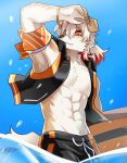  2022 5_fingers anthro arknights black_bottomwear black_clothing black_shorts black_topwear black_vest bottomwear canid canine canis clothing domestic_dog e_convenient fingers hair hi_res hung_(arknights) hypergryph male mammal muscular muscular_anthro muscular_male shorts smile solo studio_montagne summer surfboard swimming_trunks swimwear topwear vest video_games water yellow_eyes 