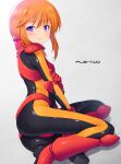  1girl ass black_bodysuit blush bodysuit breasts from_behind frown grey_background gundam gundam_zz highres kazuma_muramasa looking_at_viewer looking_back lying on_side orange_hair pilot_suit purple_eyes puru_two shiny shiny_clothes shiny_hair shiny_skin short_hair skin_tight solo 