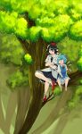  2girls absurdres barefoot black_hair black_skirt blue_bow blue_dress blue_hair bow cirno detached_wings dress fairy geta hair_bow hat highres ice ice_wings in_tree jpeg_artifacts luhua_xiedai multiple_girls open_mouth pom_pom_(clothes) red_headwear shameimaru_aya shirt short_hair short_sleeves sitting sitting_in_tree skirt socks tengu-geta tokin_hat touhou tree white_shirt white_socks wings 