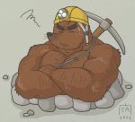  2022 animal_crossing anthro armor bodily_fluids brown_body eulipotyphlan eyes_closed goyemon_k hard_hat headgear helmet kemono male mammal mole_(animal) mr._resetti musclegut nintendo solo sweat video_games 