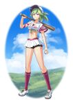  1girl alternate_costume artist_name ball baseball baseball_bat baseball_cap black_shorts blue_sky body_markings border breasts closed_mouth clothes_writing cloud crop_top dated fishnets full_body genshin_impact green_hair hat highres holding holding_ball holding_baseball_bat kneehighs kuki_shinobu legs looking_at_viewer medium_breasts midriff miniskirt navel over_shoulder pleated_skirt purple_eyes red_socks shirt shoes short_ponytail short_shorts short_sleeves shorts shorts_under_skirt skirt sky sneakers socks solo stomach takedachake thighs tied_shirt v-shaped_eyebrows white_border white_skirt 