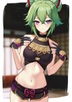  1girl absurdres bangs bare_arms bare_shoulders black_gloves black_nails blurry blurry_background body_markings breasts closed_mouth cowboy_shot crop_top crossed_bangs fishnets genshin_impact gloves gold_trim green_hair hair_between_eyes hands_up high_ponytail highres kuki_shinobu light_smile looking_at_viewer medium_breasts midriff nassss navel no_jacket no_mask partially_fingerless_gloves purple_eyes rope shimenawa shirt short_hair short_shorts shorts sleeveless sleeveless_shirt solo stomach turtleneck twitter_username 