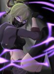  1girl absurdres bangs belt black_belt black_mask black_thighhighs blue_eyes blurry body_markings breasts commentary_request crop_top cropped_jacket crossed_bangs depth_of_field electricity fishnet_top fishnets from_side genshin_impact gradient_eyes green_hair hair_between_eyes hair_ornament hand_up highres holding holding_sword holding_weapon hood hooded_jacket jacket knees_up kuki_shinobu looking_at_viewer mask medium_breasts midriff mouth_mask multicolored_eyes navel ninja_mask purple_eyes purple_jacket purple_shorts rope shimenawa short_ponytail short_shorts shorts sidelocks sitting solo stomach sword thighhighs thighs vegakirie weapon 