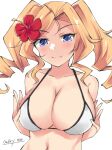 1girl artist_name bare_arms bare_shoulders bikini blonde_hair blue_eyes blush breasts cleavage closed_mouth collarbone dated drill_hair flower gakky hair_flower hair_ornament hibiscus honolulu_(kancolle) kantai_collection large_breasts long_hair navel one-hour_drawing_challenge red_flower signature simple_background solo swimsuit twin_drills twintails upper_body white_background white_bikini 
