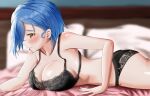  1girl absurdres areola_slip bed_sheet black_bra black_panties blue_hair blurry blurry_background blush bra breasts closed_mouth dokimaru from_side highres lace-trimmed_bra lace_trim large_breasts lips looking_at_viewer looking_to_the_side love_live! love_live!_superstar!! lying nipples on_bed on_stomach panties pillow profile red_eyes short_hair shoulder_blush solo thighs underwear underwear_only wakana_shiki 