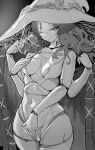  1girl bangs bikini breasts cle_masahiro cleavage cloak collarbone cracked_skin doll_joints elden_ring extra_arms extra_faces fur_cloak glowing_tattoo greyscale hat hat_ornament highleg highleg_bikini highres joints large_hat long_hair looking_at_viewer medium_breasts monochrome navel one_eye_closed parted_bangs ranni_the_witch solo swimsuit thighs witch witch_hat 