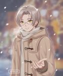  1boy :d absurdres artist_name blurry blurry_background brown_coat coat glasses grin highres long_sleeves looking_at_viewer nirvelia open_mouth outdoors short_hair smile snowing solo sweater tears_of_themis teeth vyn_richter_(tears_of_themis) white_hair white_sweater yellow_eyes 