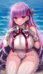  1girl absurdres bangs bb_(fate) bb_(fate/extra) blush breasts covered_navel fate/extra fate/extra_ccc fate_(series) gloves hair_ribbon highres large_breasts leotard long_hair looking_at_viewer nano_(syoutamho) neck_ribbon purple_eyes purple_hair red_ribbon ribbon smile solo tongue tongue_out very_long_hair wet white_gloves white_leotard 