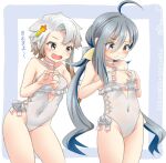  2girls ahoge akishimo_(kancolle) anchor_ornament asymmetrical_hair breast_conscious breasts brown_hair casual_one-piece_swimsuit choker commentary_request cosplay covered_navel cowboy_shot criss-cross_halter flat_chest flower frilled_swimsuit frills gradient_hair grey_eyes grey_hair hair_between_eyes hair_bun hair_flower hair_ornament hairband halterneck hands_on_own_chest highleg highleg_swimsuit kantai_collection kiyoshimo_(kancolle) leaf_hair_ornament leaning_forward low_twintails multicolored_hair multiple_girls one-hour_drawing_challenge one-piece_swimsuit open_mouth ray.s sagiri_(kancolle) sagiri_(kancolle)_(cosplay) short_hair short_hair_with_long_locks side-tie_swimsuit single_hair_bun small_breasts standing swimsuit twintails white_choker white_hair white_one-piece_swimsuit 