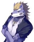  2021 anthro blue_eyes canid canine canis clothing crossed_arms e_convenient fenrir_(housamo) fur hair hi_res inner_ear_fluff lifewonders male mammal simple_background solo tokyo_afterschool_summoners topwear tuft unamused video_games white_background wolf 