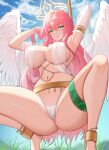  1girl absurdres bangs bare_shoulders blue_sky blush breasts dungeon_and_fighter green_eyes halo highres large_breasts long_hair looking_at_viewer navel open_mouth pink_hair sky solo thighs ultra_(511455329) wings 