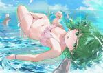  1girl ball beachball bikini blush bracelet breasts choker cleavage curly_hair dema_hmw dolphin frilled_bikini frills green_eyes green_hair highres jewelry looking_at_viewer navel ocean one-punch_man panties short_hair side-tie_panties small_breasts solo swimsuit tatsumaki thigh_strap tongue tongue_out underwear 