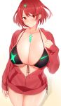  1girl arind_yudha bangs bikini black_bikini blush breasts cleavage closed_mouth collarbone cowboy_shot gradient gradient_background hair_ornament highres jacket large_breasts long_sleeves looking_at_viewer partially_unzipped pyra_(xenoblade) red_eyes red_hair red_jacket short_hair simple_background solo swimsuit thighs xenoblade_chronicles_(series) xenoblade_chronicles_2 