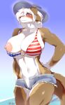 absurd_res anthro areola big_breasts bikini blush breasts canid canine clothed clothing female fur ginko0101 hair hi_res looking_at_viewer mammal nipple_slip nipples smile solo swimwear 