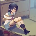  1girl aragaki_ayase arms_behind_back bangs bdsm black_hair black_socks blue_eyes blue_skirt blush bondage bound bound_ankles bound_arms bound_legs cad_(caddo) empty_eyes hair_between_eyes highres indoors knees_up long_hair miniskirt neckerchief no_shoes nose_blush ore_no_imouto_ga_konna_ni_kawaii_wake_ga_nai purple_neckerchief restrained school_uniform sex_toy shirt sidelocks sitting skirt socks solo vibrator white_shirt 