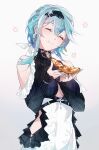  1girl bangs blue_hair breasts closed_eyes clothing_cutout dress earrings eating eula_(genshin_impact) eyelashes food frills genshin_impact hairband highres holding jewelry large_breasts long_hair pizza qiandaiyiyu simple_background solo turtleneck_dress 