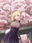  1girl absurdres animal_ears artist_name blonde_hair breasts brown_eyes carrot_(one_piece) cellphone cherry_blossoms commentary double_v english_commentary falling_petals furry furry_female happy highres large_breasts looking_at_viewer one_eye_closed one_piece petals phone rabbit rabbit_ears rabbit_tail short_hair signature smartphone smile solo tail therealshelts v 