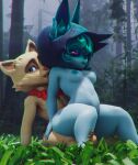  absurd_res anthro breasts clothing duo female feral forest green_hair hair hi_res league_of_legends legwear long_ears male male/female penetration plant riot_games sitting teemo_(lol) teemoty tights tree vaginal vaginal_penetration vex_(lol) video_games yordle 