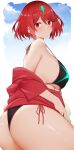  1girl arind_yudha ass bangs bare_shoulders bikini black_bikini blush breasts closed_mouth from_side gradient gradient_background hair_ornament highres jacket large_breasts long_sleeves looking_at_viewer off_shoulder pyra_(xenoblade) red_eyes red_hair red_jacket short_hair simple_background smile solo swimsuit thighs xenoblade_chronicles_(series) xenoblade_chronicles_2 
