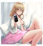  1girl :d bangs bare_legs blonde_hair blush border breasts cellphone collared_shirt copyright_request curtains dano feet_out_of_frame holding holding_phone korean_text long_hair long_sleeves looking_at_viewer medium_breasts navel no_bra official_art open_clothes open_shirt outside_border parted_lips phone pillow shirt sitting smartphone smile solo translation_request white_border white_shirt yellow_eyes 