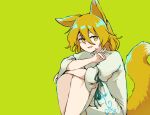  1girl animal_ears blonde_hair feet_out_of_frame fox_ears fox_shadow_puppet fox_tail green_background green_ribbon hair_between_eyes kudamaki_tsukasa luhua_xiedai open_mouth ribbon romper short_hair short_sleeves simple_background smile solo tail touhou white_romper yellow_eyes 