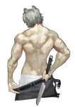  1boy animal_ears arknights bear_boy bear_ears commentary_request cowboy_shot from_behind grey_hair highres jaye_(arknights) knife male_focus pants qingpu_liang scar scar_on_arm short_hair solo toned toned_male topless_male white_pants 