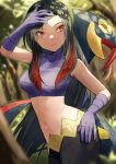  1girl arm_up black_hair black_pants blurry blurry_background breasts closed_mouth crop_top depth_of_field elbow_gloves facing_viewer fagi_(kakikaki) fangs forest forked_tongue gloves hand_on_hip long_hair looking_to_the_side looking_up lucy_(pokemon) medium_breasts midriff multicolored_hair nature navel pants pokemon pokemon_(creature) pokemon_(game) pokemon_emerald pokemon_rse purple_gloves purple_shirt red_eyes red_hair seviper shirt sidelocks sleeveless sleeveless_shirt stomach straight_hair streaked_hair tongue tree turtleneck very_long_hair 