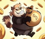  2022 anthro belly big_belly brown_body clothed clothing coin humanoid_hands john_vithor male mammal money money_bag overweight overweight_male procyonid raccoon solo 
