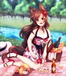  1girl :d absurdres alternate_costume animal_ears apple basket breasts cleavage dress dungeon_toaster fangs flower food fruit grass hair_flower hair_ornament highres imaizumi_kagerou jewelry lake long_hair nail_polish outdoors picnic picnic_basket plate red_nails river sitting smile toenail_polish toenails touhou tree wolf_ears yokozuwari 