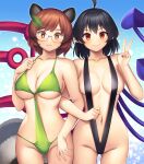  2girls ahoge animal_ears ass_visible_through_thighs asymmetrical_wings bikini black_bikini black_hair blue_wings blush breasts brown_eyes brown_hair closed_mouth collarbone cowboy_shot futatsuiwa_mamizou green_bikini groin hair_ornament highres houjuu_nue large_breasts leaf_hair_ornament multiple_girls navel pointy_ears raccoon_ears raccoon_tail red_eyes red_wings short_hair smile swimsuit tail tarmo touhou v wings 