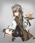  1girl alcohol arknights armored_boots ass astor.cn beer beer_mug belt black_shorts blush boots breasts bright_pupils brown_cape brown_hair cape closed_mouth cup fartooth_(arknights) feather_hair from_behind full_body gauntlets gradient gradient_background grey_background high-waist_shorts high_heel_boots high_heels highres holding holding_tray knee_boots long_hair long_sleeves looking_at_viewer looking_back medium_breasts mug shirt shorts solo spread_legs squatting tray very_long_hair visor_(armor) white_shirt yellow_eyes 