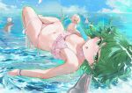  1girl animal aura ball bangs beachball bikini bird blue_sky blush bracelet breasts choker cleavage cloud commentary curly_hair day dema_hmw dolphin food frilled_bikini frills green_eyes green_hair highres holding holding_food jewelry looking_at_viewer lying navel nose_blush ocean on_back one-punch_man open_mouth outdoors pink_bikini pink_choker popsicle sandals short_hair side-tie_bikini sky small_breasts solo stomach swimsuit tatsumaki thigh_strap thighs tongue tongue_out water wristband 