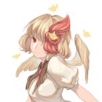  1girl animal animal_on_head bird bird_on_head bird_wings blonde_hair chick closed_mouth feathered_wings highres multicolored_hair niwatari_kutaka on_head puffy_short_sleeves puffy_sleeves red_eyes red_hair shirt short_hair short_sleeves simple_background solo touhou two-tone_hair wb_yimo white_background white_shirt wings yellow_wings 